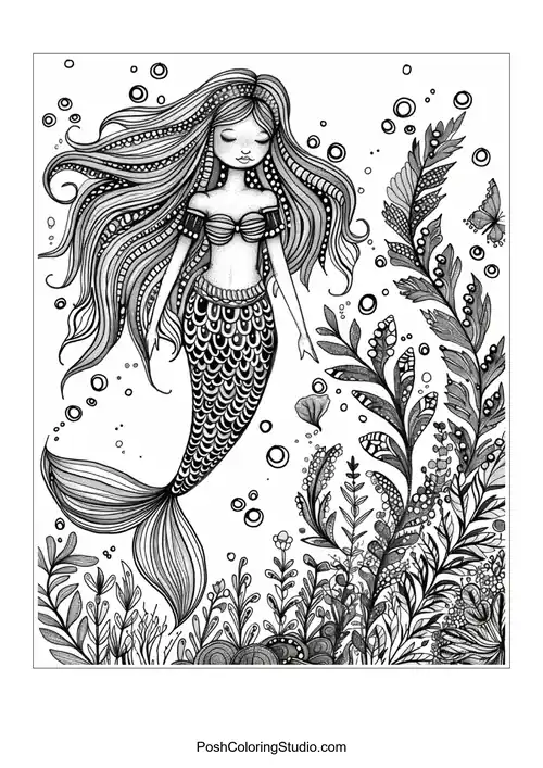 A whimsical mermaid with a detailed tail and bubbles.