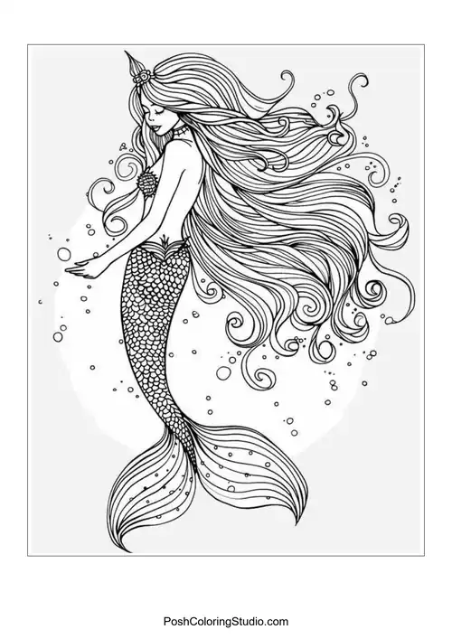 A mermaid surrounded by bubbles and aquatic plants.