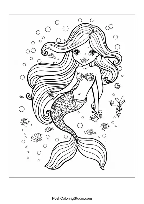A mermaid with a serene expression and flowing hair.
