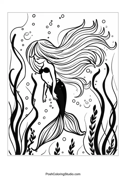 A mermaid with a detailed tail swimming among fish.