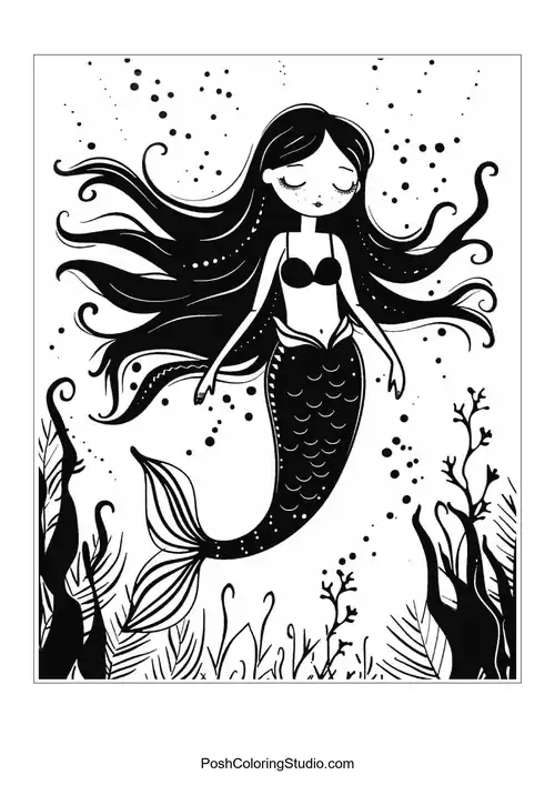 A mermaid with flowing hair and intricate details.