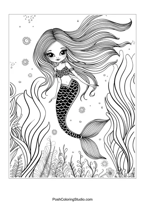 A mermaid swimming among seaweed and flowers.