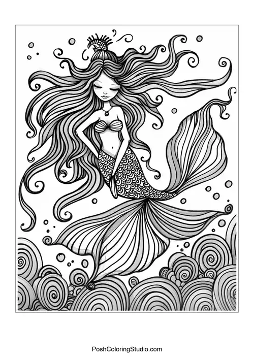 A mermaid with a serene expression and flowing hair.