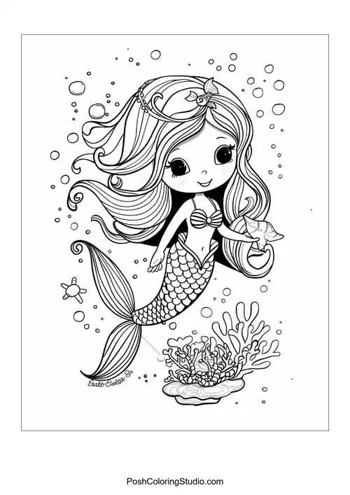 A mermaid with a decorative tail swimming among fish.
