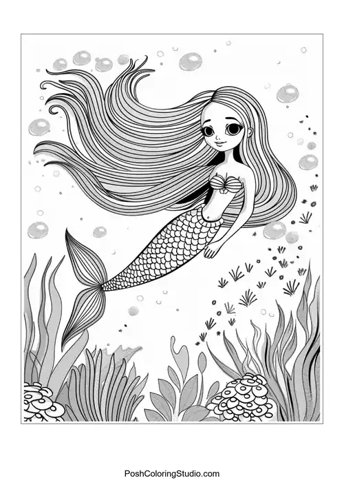 A whimsical mermaid with a detailed tail and bubbles.
