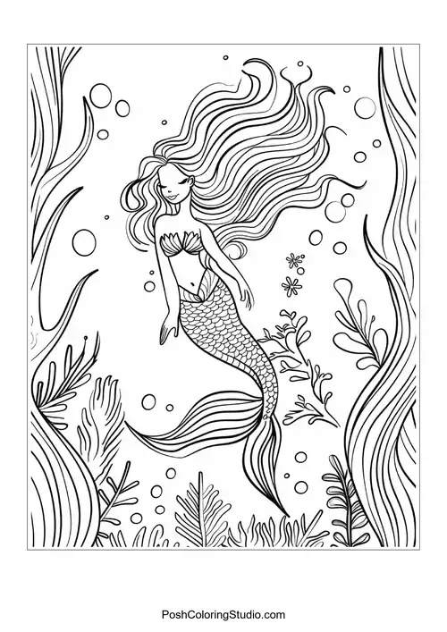 A mermaid with a delicate expression and flowing hair.