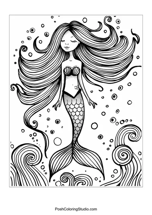 A whimsical mermaid with a detailed tail and bubbles.