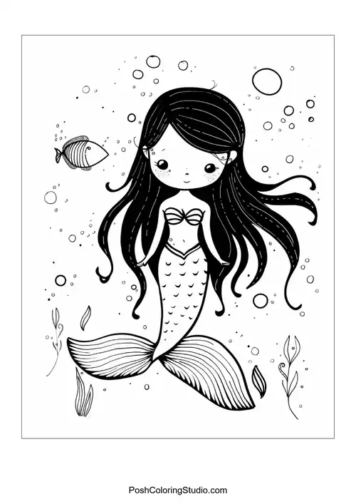 A mermaid with a serene expression and flowing hair.