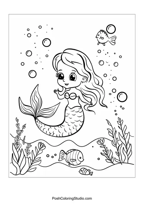 A playful mermaid with fish swimming nearby.