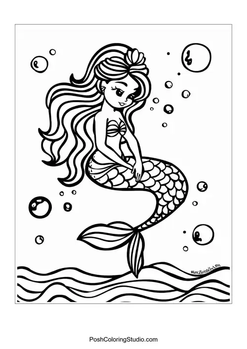 A whimsical mermaid sitting on a rock surrounded by bubbles.