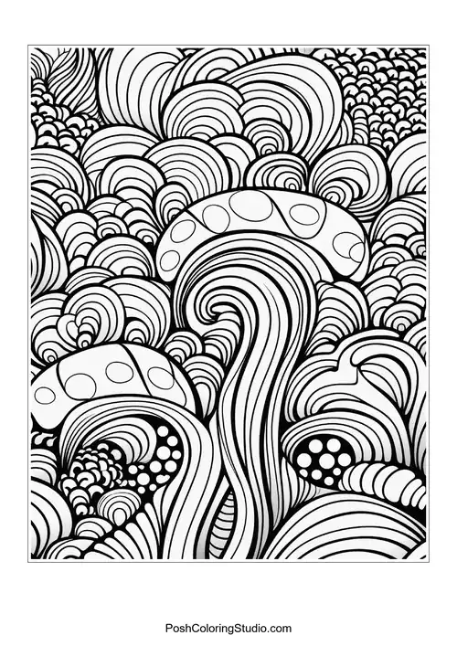 A whimsical design of floral shapes and swirls.