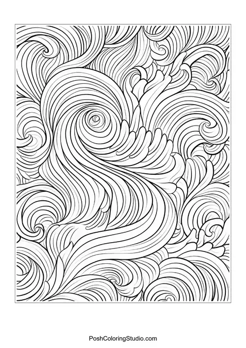 A complex arrangement of waves and curls in a flowing pattern.