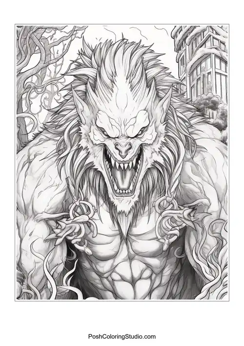 A werewolf standing in a forest with a full moon.