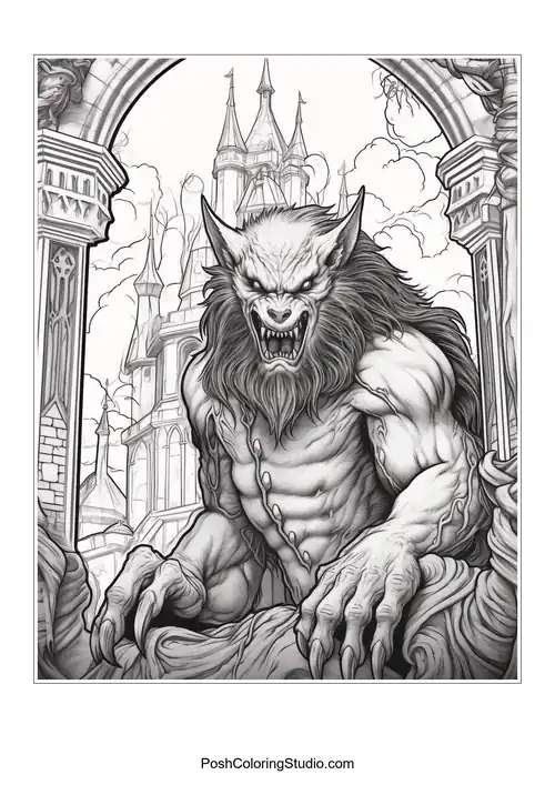A werewolf with a fierce expression and detailed fur.