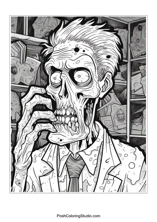 A zombie with a suit and a shocked expression.