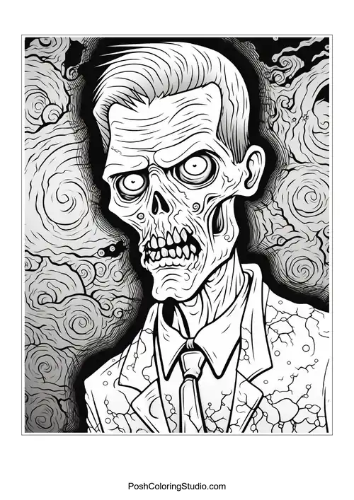 A zombie with a cracked skull and hollow eyes.