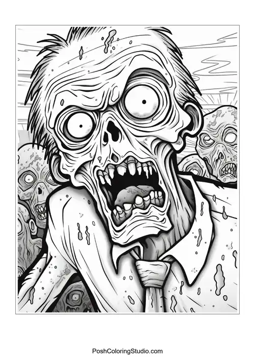 A zombie with a cracked skull and hollow eyes.
