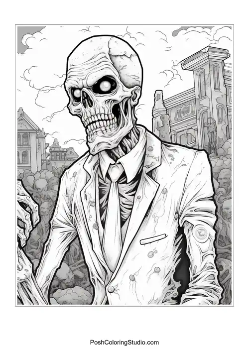 A zombie with a suit and a shocked expression.