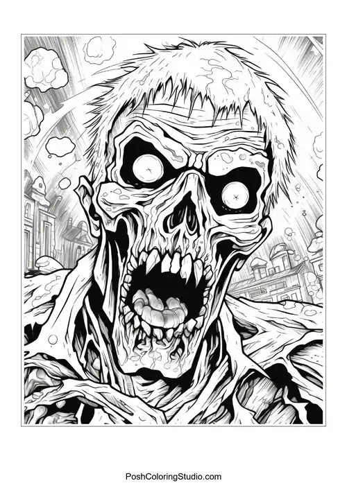 A zombie with a wild hairstyle and a menacing expression.