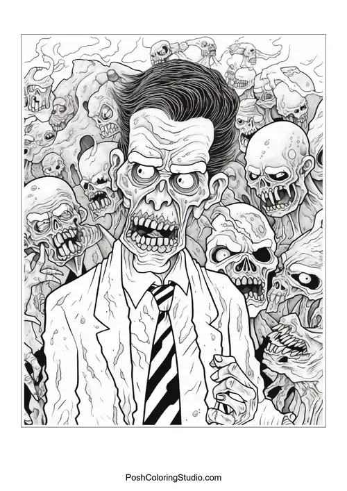 A zombie with a suit and a shocked expression.