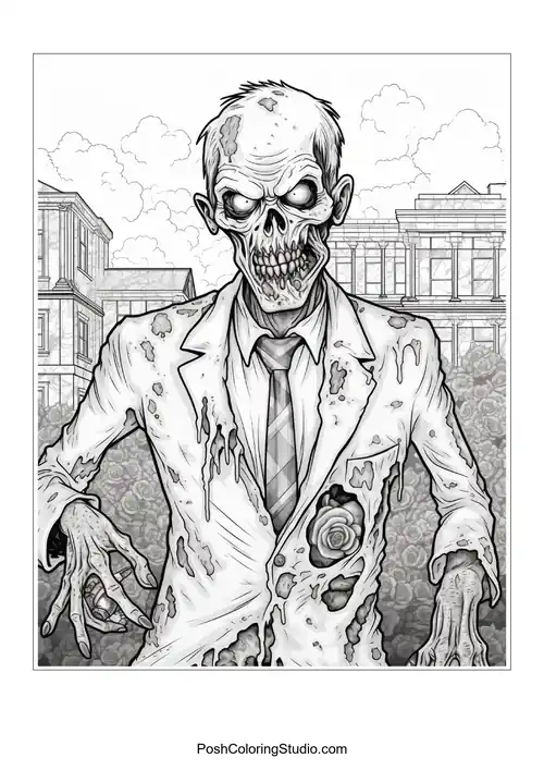 A zombie with a ripped suit and a flower in its chest.