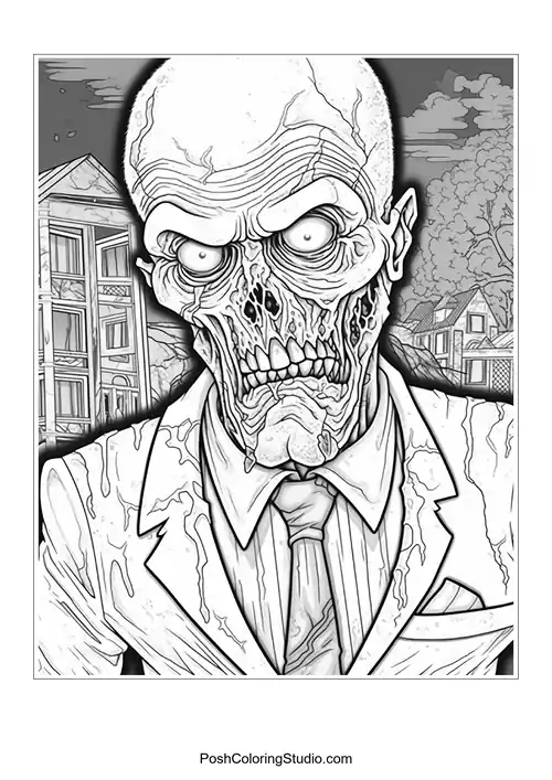 A zombie with a cracked skull and hollow eyes.