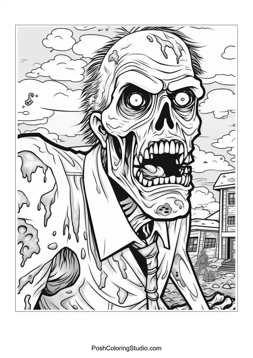 A zombie with a gaping mouth and tattered clothing.
