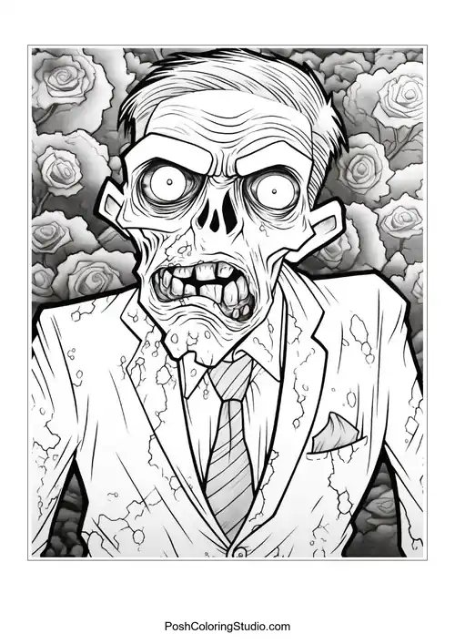 A zombie in a suit with a shocked expression and a torn tie.