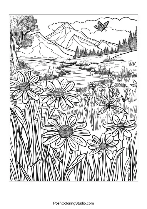 A garden scene with various flowers and plants in bloom.