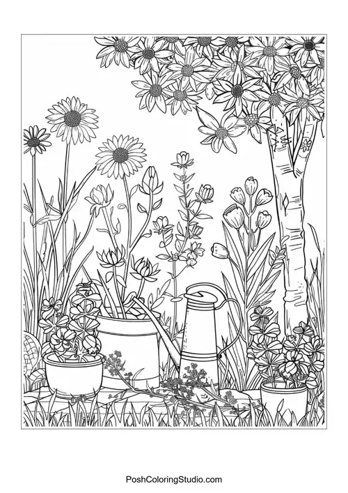 A detailed illustration of various flowers in a garden.