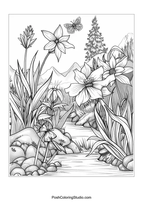 A variety of flowers and plants near a flowing stream.