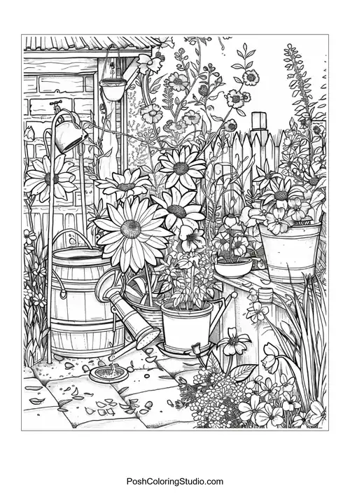 A detailed illustration of flowers and plants in a garden.