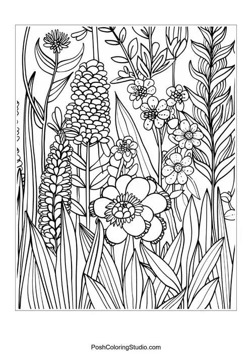 A collection of flowers and plants in a natural setting.