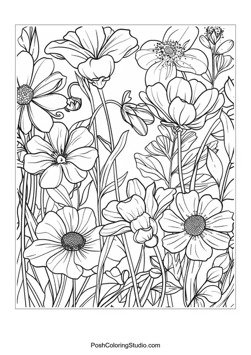 A dense arrangement of various flowers with intricate details.