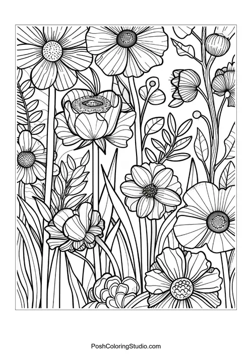 A mix of flowers with unique shapes and leafy accents.
