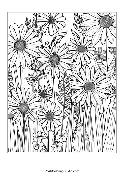 Daisies and delicate flowers with intricate line work.
