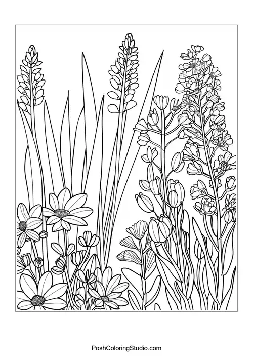 A variety of flowers with tall stems and small blooms.
