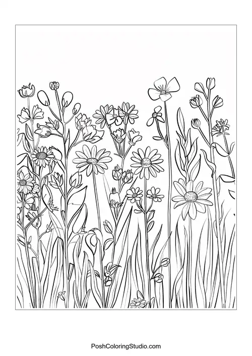 A detailed arrangement of daisies and wildflowers.