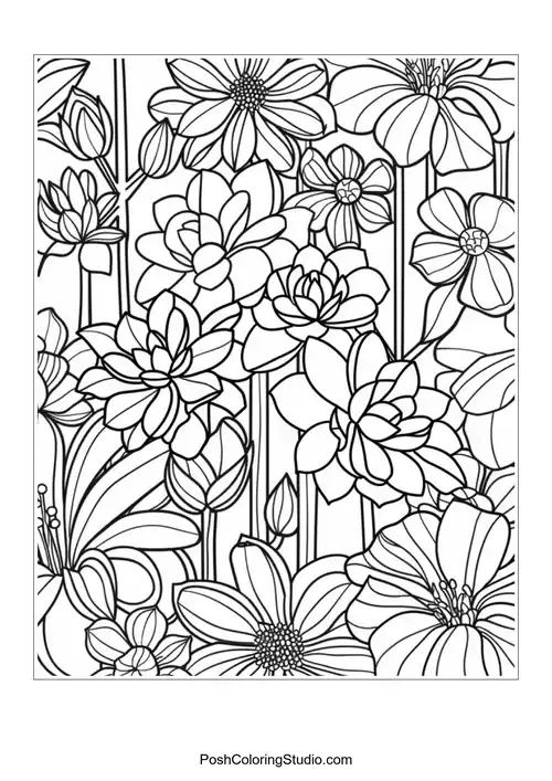 A detailed garden scene with flowers and a watering can.