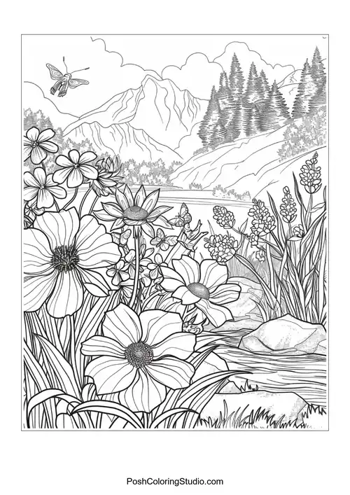 A riverbank adorned with flowers and butterflies in flight.