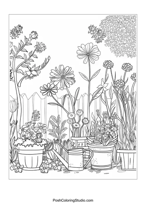 A garden scene with various flowers and gardening tools.