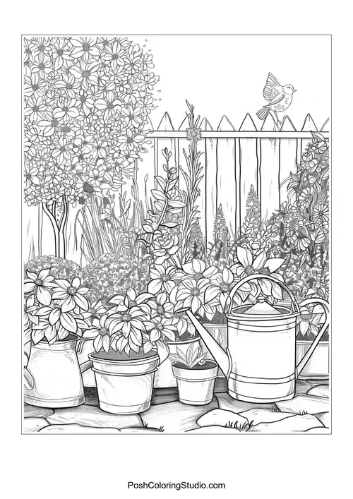 A detailed arrangement of potted plants and flowers.