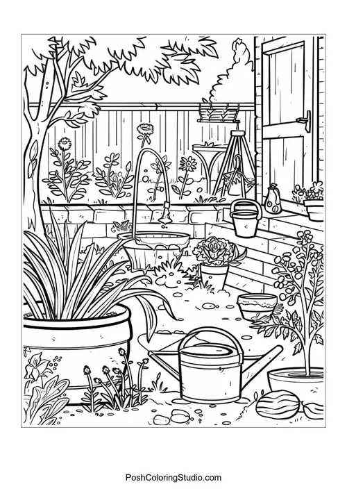 A garden scene with flowers and a watering can.