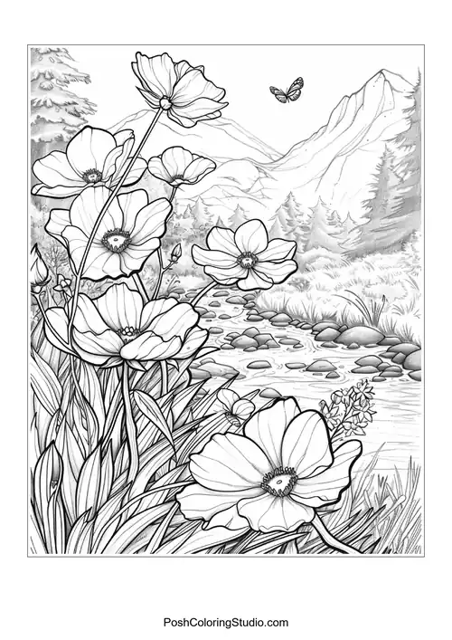 A garden scene with flowers and a watering can.