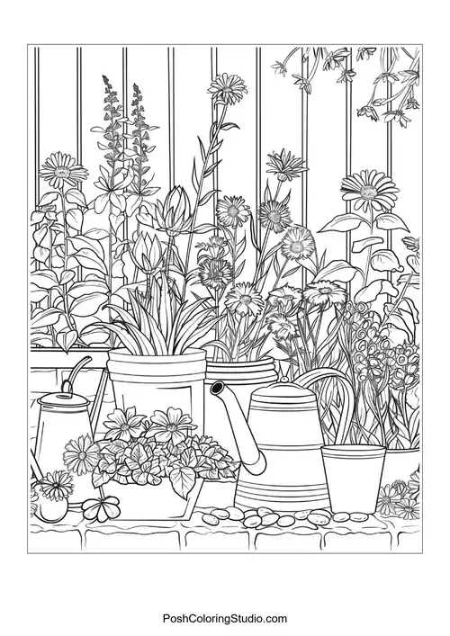 A garden scene with various flowers and gardening tools.