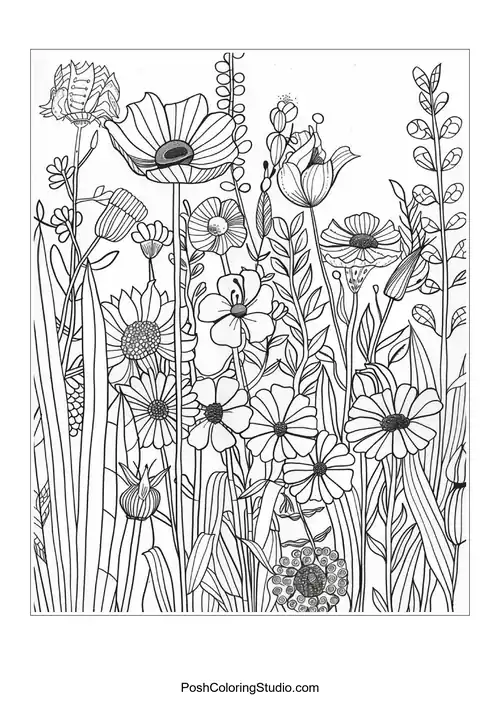 A detailed illustration of various wildflowers in a field.