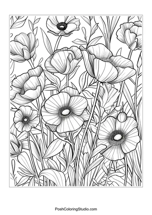 A field of poppies with intricate details on each flower.