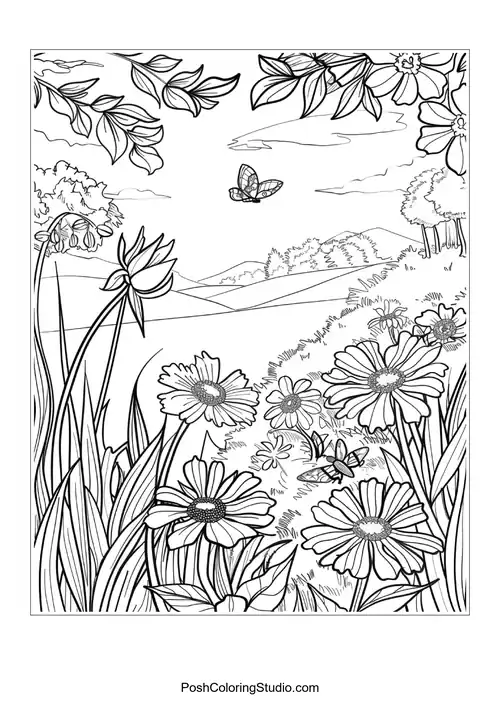 A garden scene with various flowers and gardening tools.