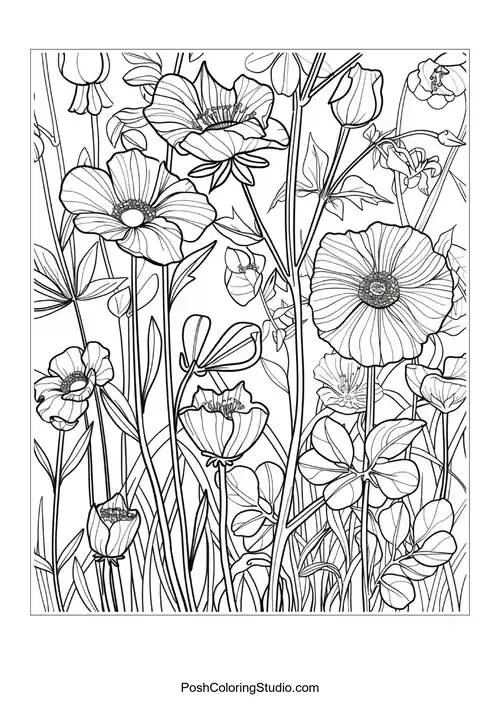 A detailed illustration of daisies in a garden setting.