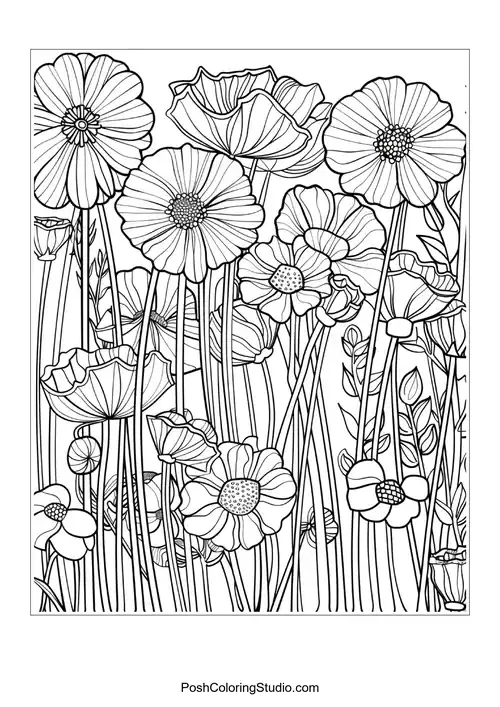 A field of wildflowers with varying heights and shapes.